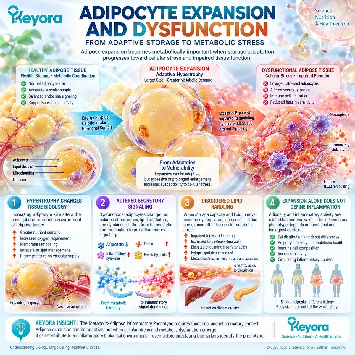 Adipocyte hypertrophy can disrupt lipid handling, endocrine signaling, and metabolic coordination, framing adipose inflammation in Keyora’s Metabolic-Adipose Inflammatory Phenotype. Adipocyte hypertrophy can disrupt lipid handling, endocrine signaling, and metabolic coordination, framing adipose inflammation in Keyora’s Metabolic-Adipose Inflammatory Phenotype.