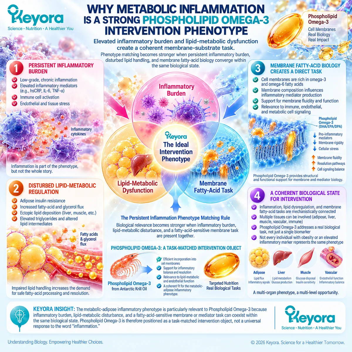 Phospholipid Omega-3 links metabolic inflammation, disturbed lipid handling, and membrane fatty-acid biology through Keyora’s Persistent Inflammation Phenotype Matching Rule. Phospholipid Omega-3 links metabolic inflammation, disturbed lipid handling, and membrane fatty-acid biology through Keyora’s Persistent Inflammation Phenotype Matching Rule.