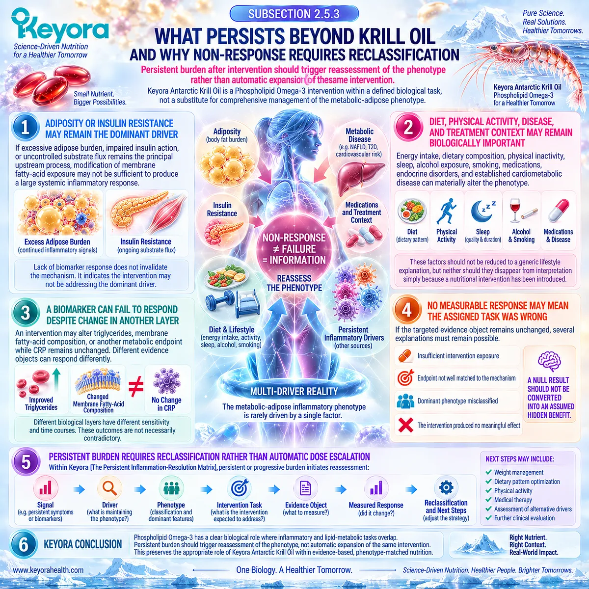 Krill oil non-response in metabolic inflammation requires driver and phenotype reassessment, not automatic dose escalation, in Keyora’s Persistent Inflammation-Resolution Matrix. Krill oil non-response in metabolic inflammation requires driver and phenotype reassessment, not automatic dose escalation, in Keyora’s Persistent Inflammation-Resolution Matrix.