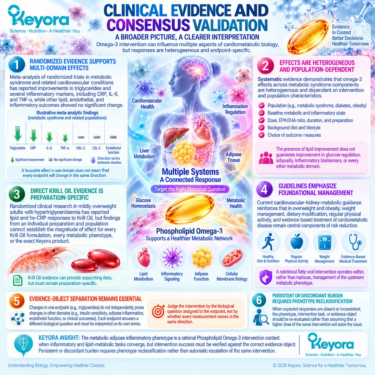 Phospholipid Omega-3 may support triglyceride and inflammatory responses in metabolic phenotypes, while Keyora separates endpoints and reclassifies persistent burden. Phospholipid Omega-3 may support triglyceride and inflammatory responses in metabolic phenotypes, while Keyora separates endpoints and reclassifies persistent burden.