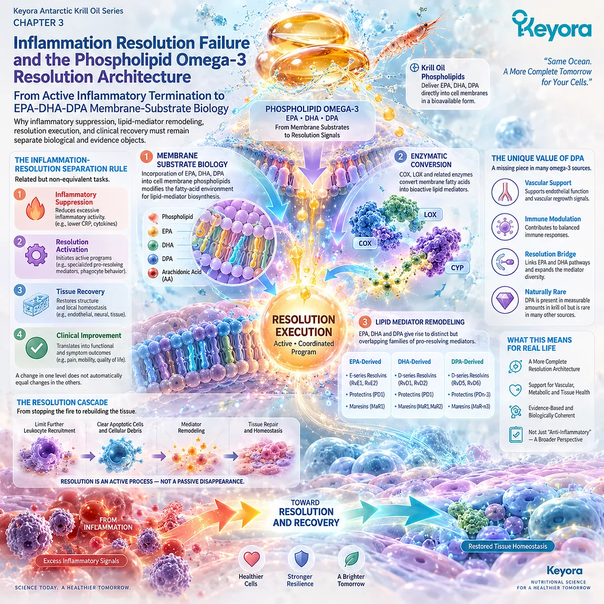 Phospholipid Omega-3 EPA-DHA-DPA supports inflammatory resolution through membrane lipid-mediator remodeling, framed by Keyora Inflammation-Resolution Separation Rule. Phospholipid Omega-3 EPA-DHA-DPA supports inflammatory resolution through membrane lipid-mediator remodeling, framed by Keyora Inflammation-Resolution Separation Rule.