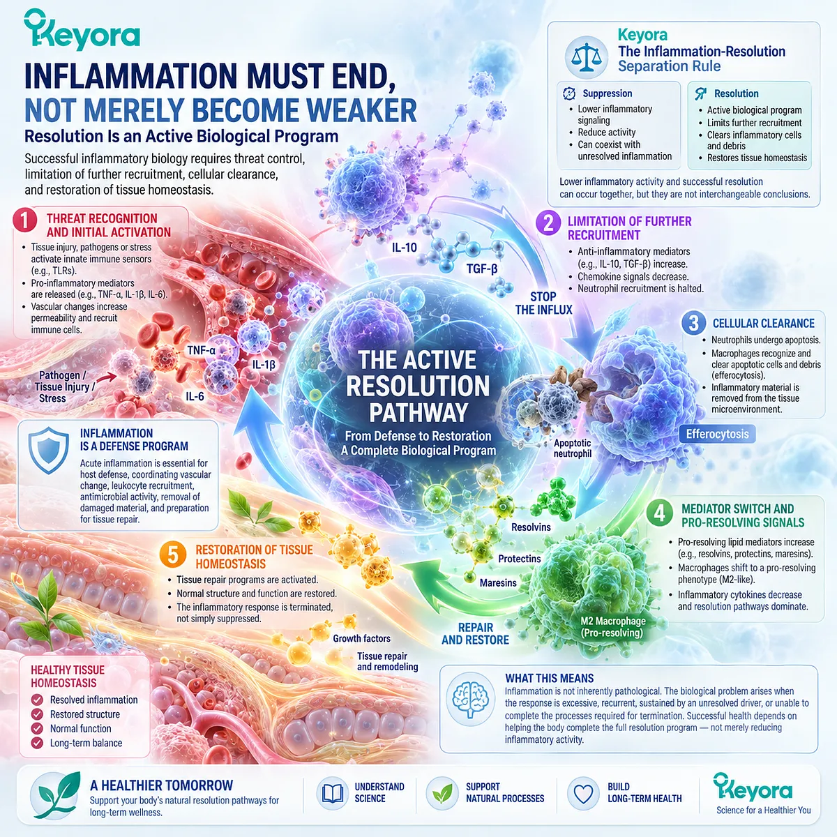 Inflammatory resolution limits leukocyte recruitment and supports cellular clearance and tissue homeostasis through Keyora Inflammation-Resolution Separation Rule. Inflammatory resolution limits leukocyte recruitment and supports cellular clearance and tissue homeostasis through Keyora Inflammation-Resolution Separation Rule.
