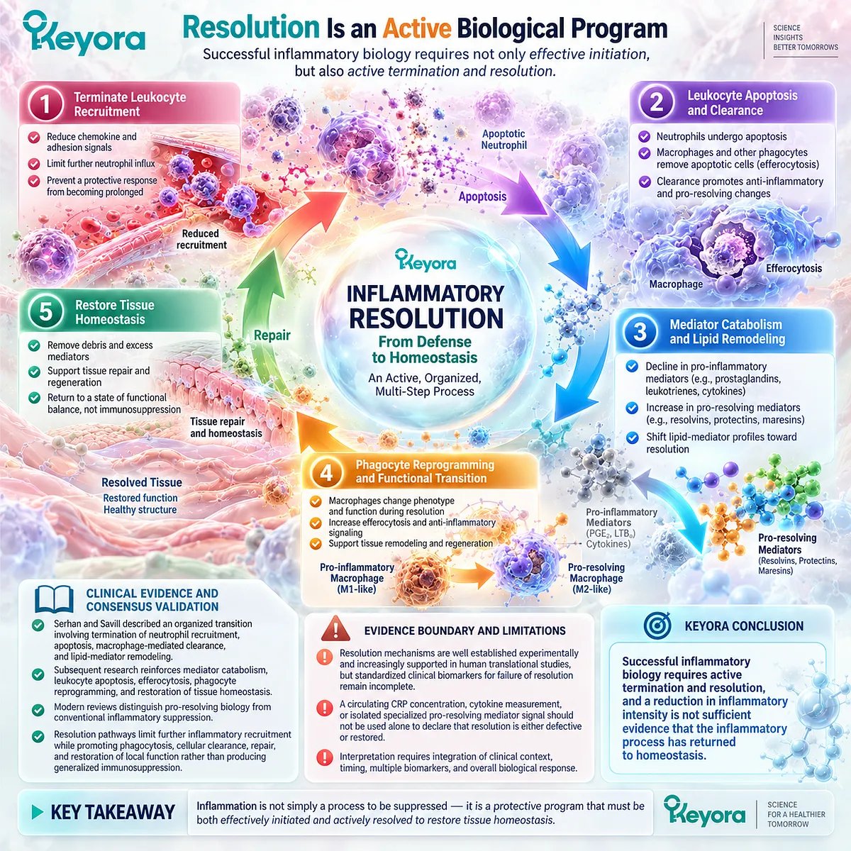 Inflammatory resolution links neutrophil termination, efferocytosis and lipid-mediator remodeling with tissue homeostasis under Keyora’s Inflammation-Resolution Separation Rule. Inflammatory resolution links neutrophil termination, efferocytosis and lipid-mediator remodeling with tissue homeostasis under Keyora’s Inflammation-Resolution Separation Rule.