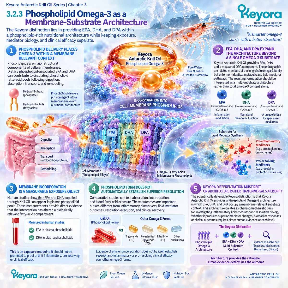 Phospholipid Omega-3 delivers EPA, DHA and DPA in a membrane-relevant substrate architecture for lipid-mediator biology, framed by Keyora Antarctic Krill Oil. Phospholipid Omega-3 delivers EPA, DHA and DPA in a membrane-relevant substrate architecture for lipid-mediator biology, framed by Keyora Antarctic Krill Oil.