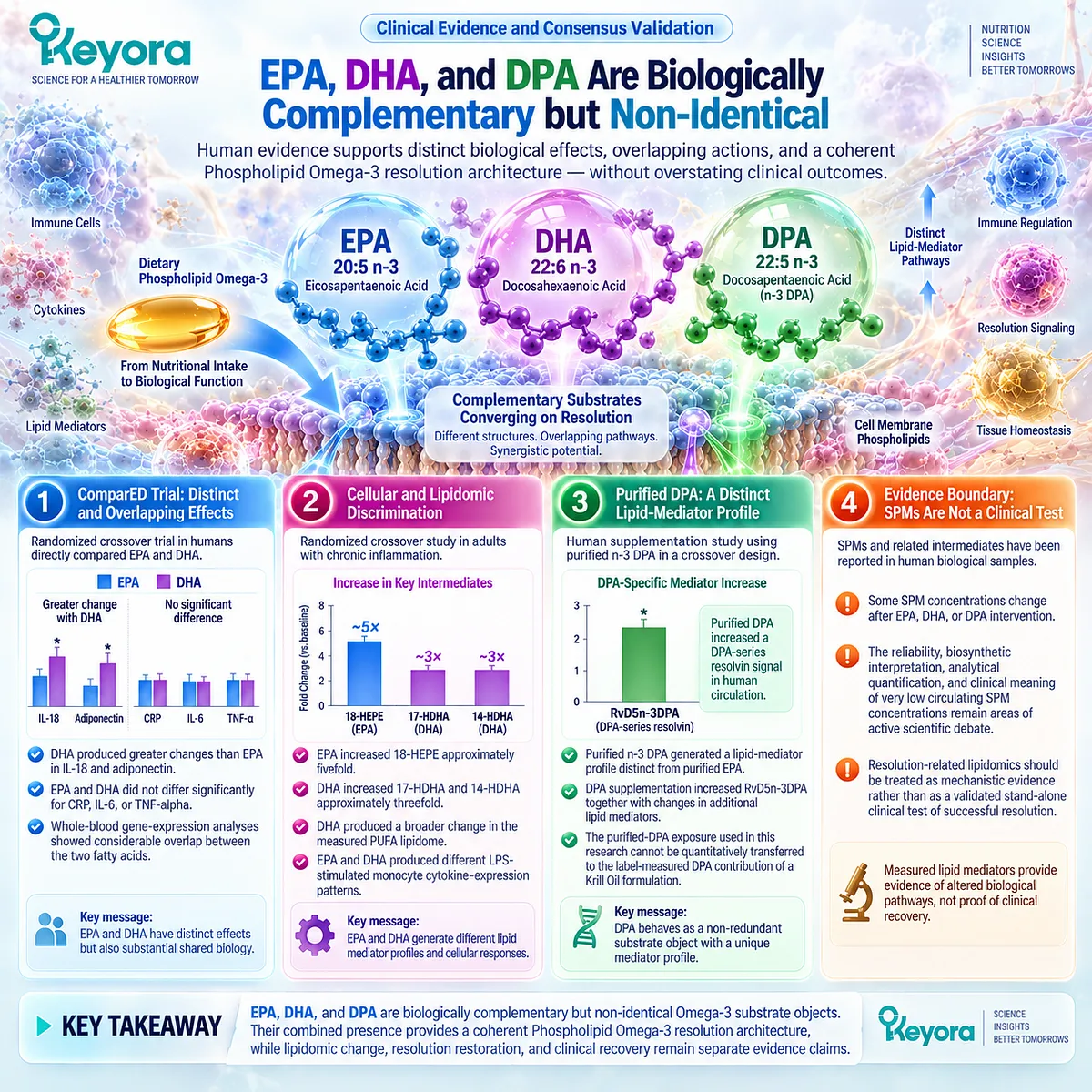 Phospholipid Omega-3 EPA, DHA and DPA show distinct human lipidomic and inflammatory responses, supporting complementary substrates in Keyora’s Resolution Architecture. Phospholipid Omega-3 EPA, DHA and DPA show distinct human lipidomic and inflammatory responses, supporting complementary substrates in Keyora’s Resolution Architecture.