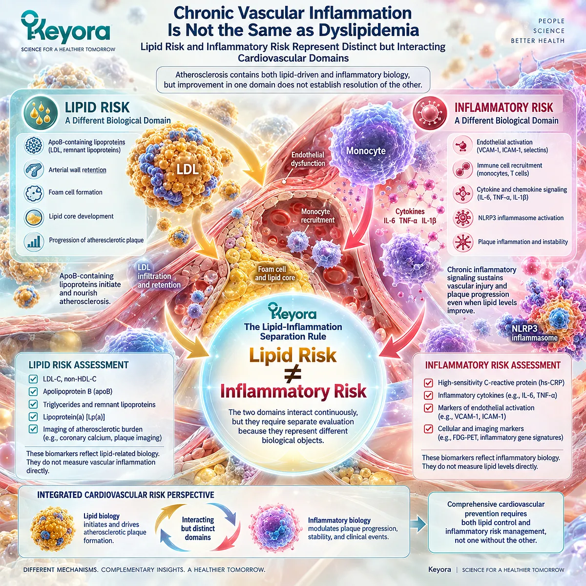 Atherosclerosis links lipid risk with vascular inflammation, but each remains a distinct response domain under Keyora’s Lipid-Inflammation Separation Rule. Atherosclerosis links lipid risk with vascular inflammation, but each remains a distinct response domain under Keyora’s Lipid-Inflammation Separation Rule.