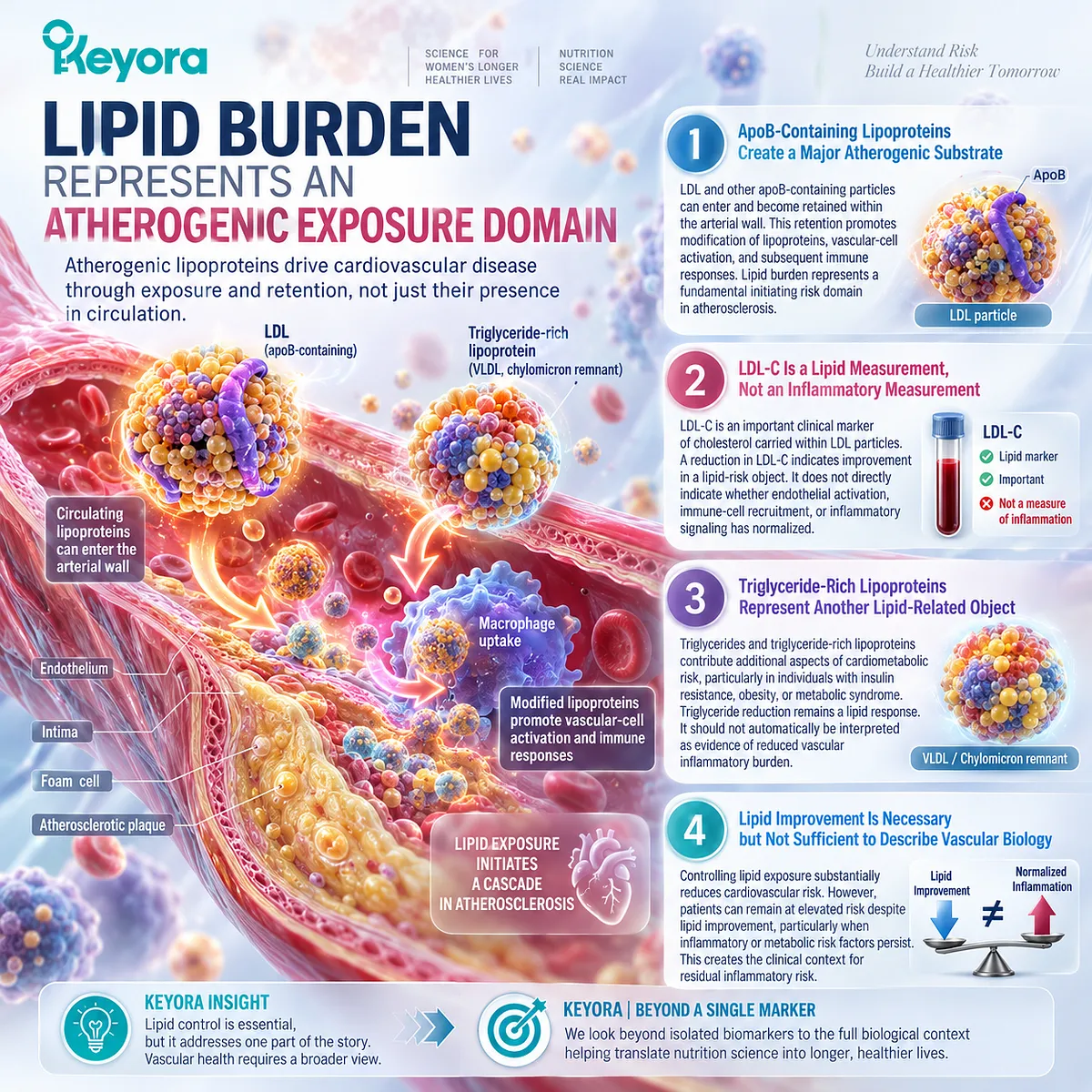 Atherosclerosis begins with apoB lipoprotein retention, while LDL-C and triglycerides map lipid risk rather than inflammation under Keyora’s Lipid-Inflammation Separation Rule. Atherosclerosis begins with apoB lipoprotein retention, while LDL-C and triglycerides map lipid risk rather than inflammation under Keyora’s Lipid-Inflammation Separation Rule.
