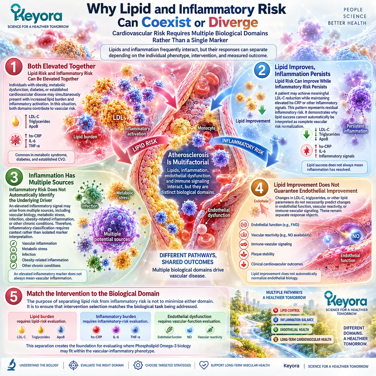 Cardiovascular risk can diverge across LDL-C, hs-CRP and endothelial function, guiding Phospholipid Omega-3 evaluation in Keyora’s Lipid-Inflammation Separation Rule. Cardiovascular risk can diverge across LDL-C, hs-CRP and endothelial function, guiding Phospholipid Omega-3 evaluation in Keyora’s Lipid-Inflammation Separation Rule.