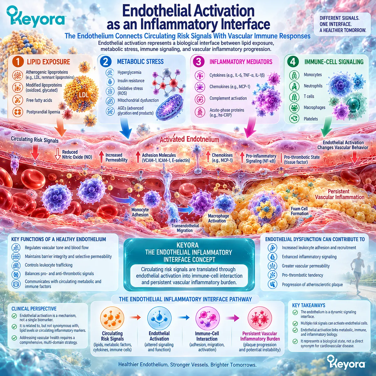 Endothelial activation links lipid exposure, oxidative stress and immune-cell recruitment to vascular inflammation in Keyora’s Endothelial Inflammatory Interface Concept. Endothelial activation links lipid exposure, oxidative stress and immune-cell recruitment to vascular inflammation in Keyora’s Endothelial Inflammatory Interface Concept.