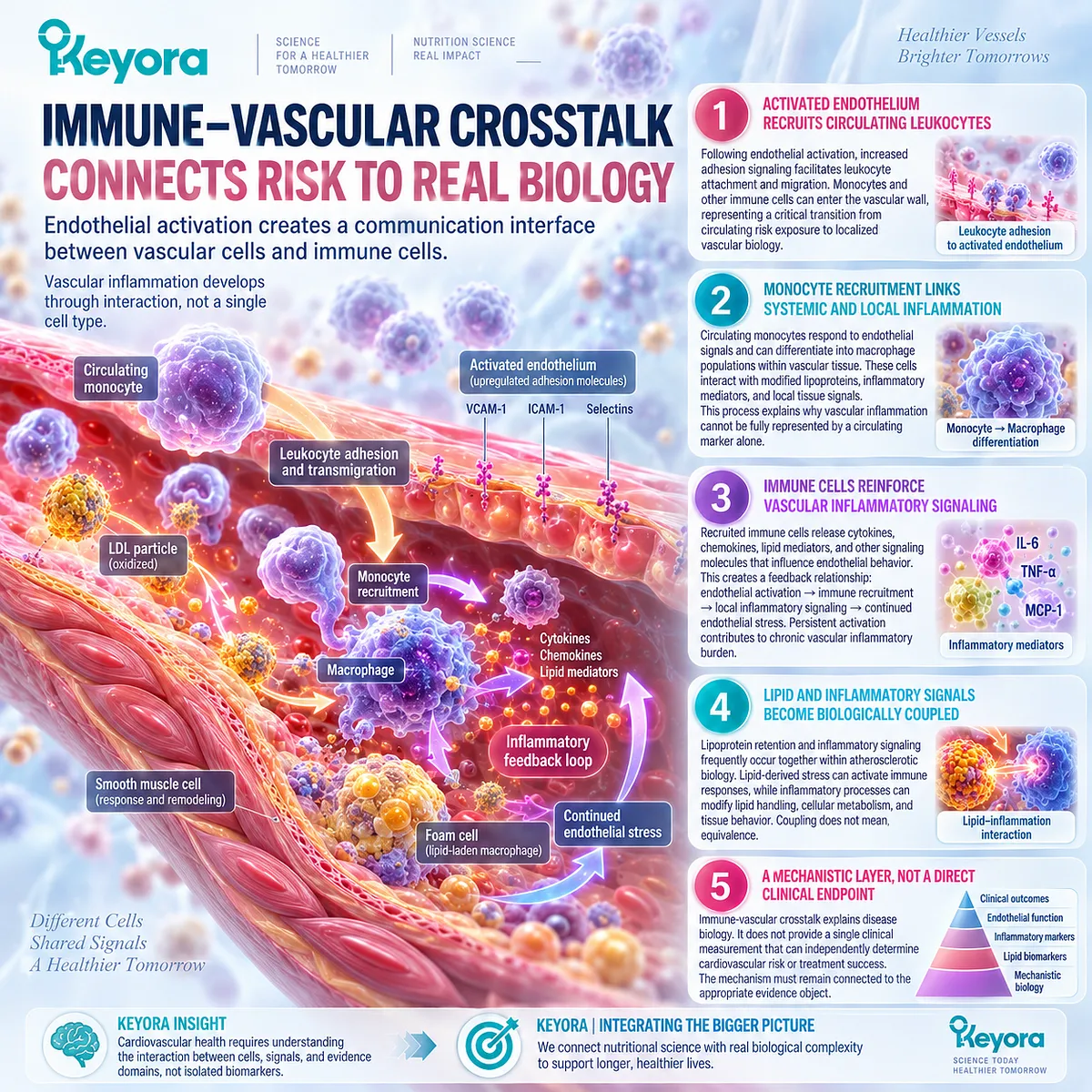 Vascular inflammation links endothelial activation, monocyte recruitment and macrophage signaling in immune-vascular crosstalk under Keyora’s Endothelial Inflammatory Interface Concept. Vascular inflammation links endothelial activation, monocyte recruitment and macrophage signaling in immune-vascular crosstalk under Keyora’s Endothelial Inflammatory Interface Concept.