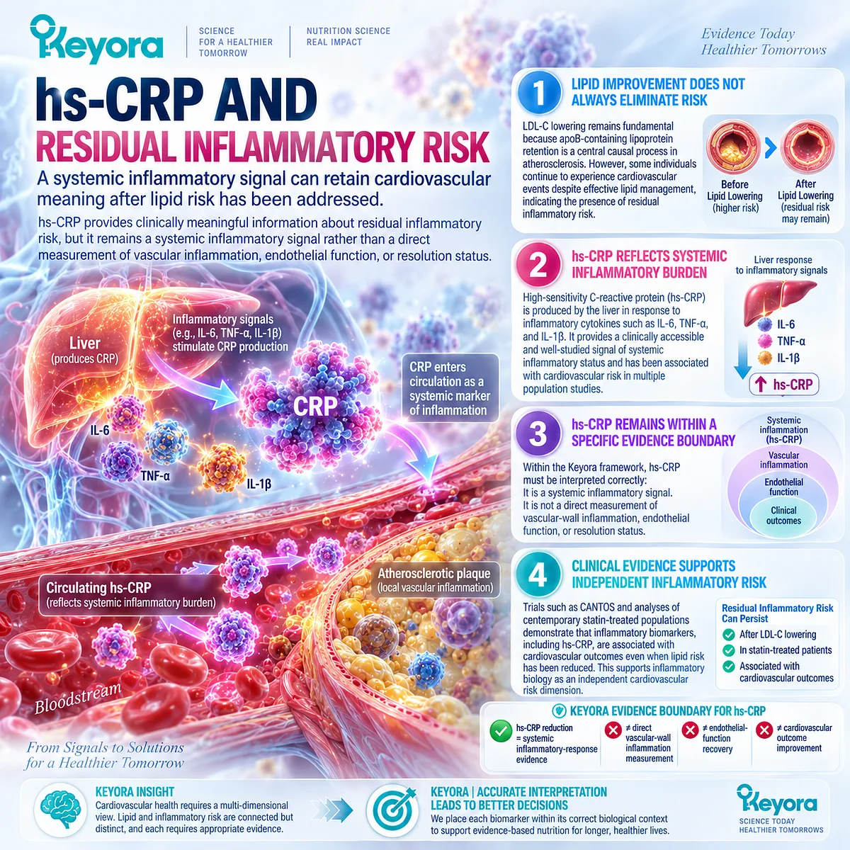 hs-CRP identifies residual inflammatory risk after LDL-C improvement but not vascular inflammation or endothelial recovery in Keyora’s Residual Inflammatory Risk framework. hs-CRP identifies residual inflammatory risk after LDL-C improvement but not vascular inflammation or endothelial recovery in Keyora’s Residual Inflammatory Risk framework.