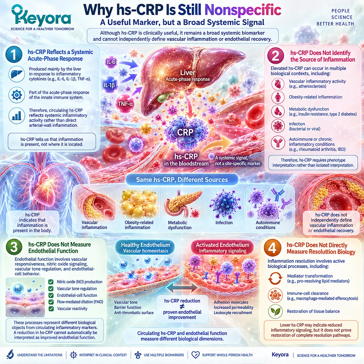 hs-CRP maps systemic inflammation but cannot localize vascular inflammation, eNOS/NO function or resolution biology in Keyora’s Residual Inflammatory Risk framework. hs-CRP maps systemic inflammation but cannot localize vascular inflammation, eNOS/NO function or resolution biology in Keyora’s Residual Inflammatory Risk framework.
