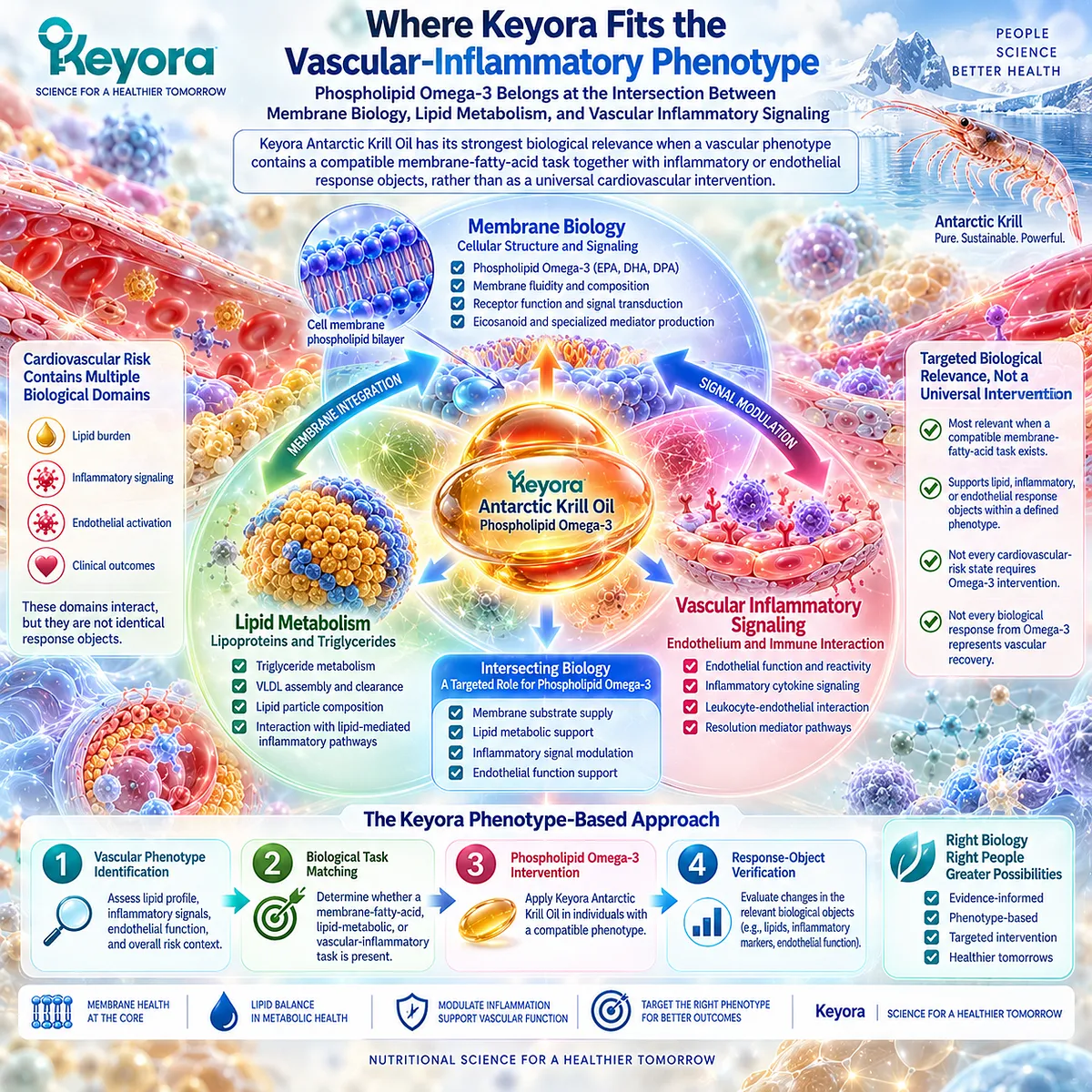 Phospholipid Omega-3 links membrane EPA, DHA and DPA with lipid metabolism, vascular inflammation and endothelial function in Keyora’s phenotype-based intervention framework. Phospholipid Omega-3 links membrane EPA, DHA and DPA with lipid metabolism, vascular inflammation and endothelial function in Keyora’s phenotype-based intervention framework.