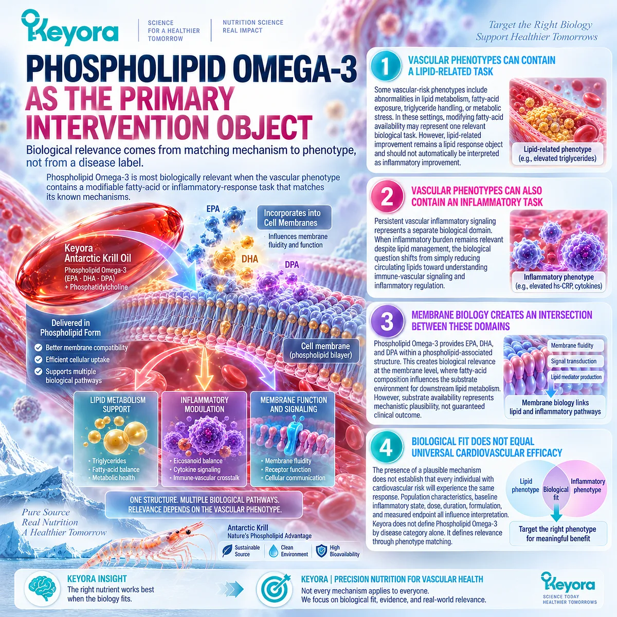Phospholipid Omega-3 supplies membrane EPA, DHA and DPA for matched lipid and inflammatory tasks within Keyora’s Vascular-Endothelial Residual Inflammatory Phenotype. Phospholipid Omega-3 supplies membrane EPA, DHA and DPA for matched lipid and inflammatory tasks within Keyora’s Vascular-Endothelial Residual Inflammatory Phenotype.