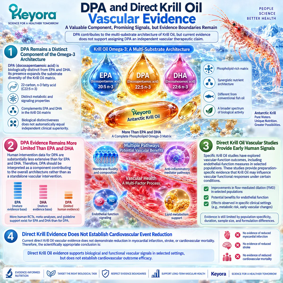 Krill Oil combines phospholipid EPA, DHA and DPA with early endothelial-function signals, while Keyora limits DPA and vascular claims to their evidence boundaries. Krill Oil combines phospholipid EPA, DHA and DPA with early endothelial-function signals, while Keyora limits DPA and vascular claims to their evidence boundaries.