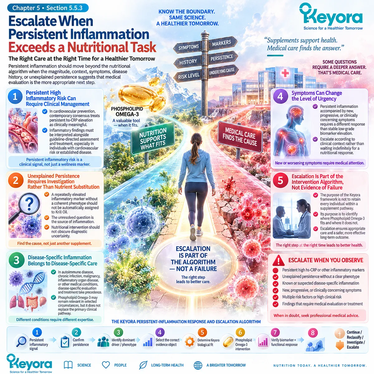 Persistent inflammation with unexplained hs-CRP or concerning symptoms shifts from Phospholipid Omega-3 support toward clinical evaluation in the Keyora escalation algorithm. Persistent inflammation with unexplained hs-CRP or concerning symptoms shifts from Phospholipid Omega-3 support toward clinical evaluation in the Keyora escalation algorithm.
