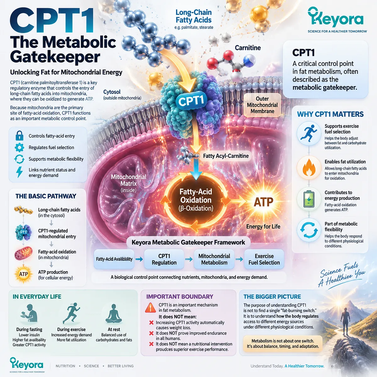 CPT1 regulates mitochondrial fatty acid transport and energy metabolism, linking fat oxidation and metabolic flexibility through the Keyora Metabolic Gatekeeper framework. CPT1 regulates mitochondrial fatty acid transport and energy metabolism, linking fat oxidation and metabolic flexibility through the Keyora Metabolic Gatekeeper framework.