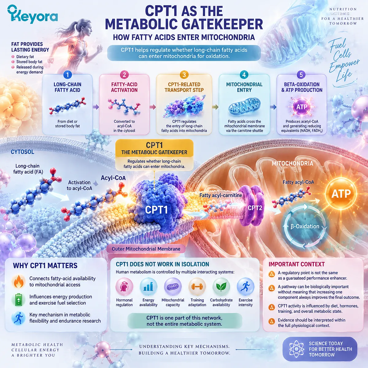 CPT1 controls long-chain fatty acid mitochondrial entry and beta-oxidation, connecting exercise metabolism and ATP production through the Keyora Metabolic Gatekeeper framework. CPT1 controls long-chain fatty acid mitochondrial entry and beta-oxidation, connecting exercise metabolism and ATP production through the Keyora Metabolic Gatekeeper framework.
