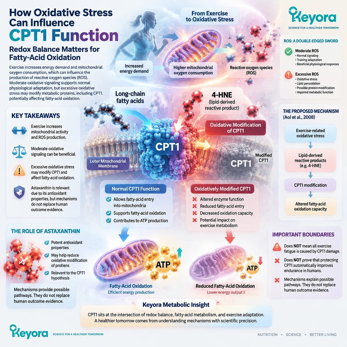 Oxidative stress may influence CPT1 function through lipid-derived reactive products and fatty-acid oxidation regulation, linking mitochondrial redox balance with the Keyora Metabolic Gatekeeper framework. Oxidative stress may influence CPT1 function through lipid-derived reactive products and fatty-acid oxidation regulation, linking mitochondrial redox balance with the Keyora Metabolic Gatekeeper framework.