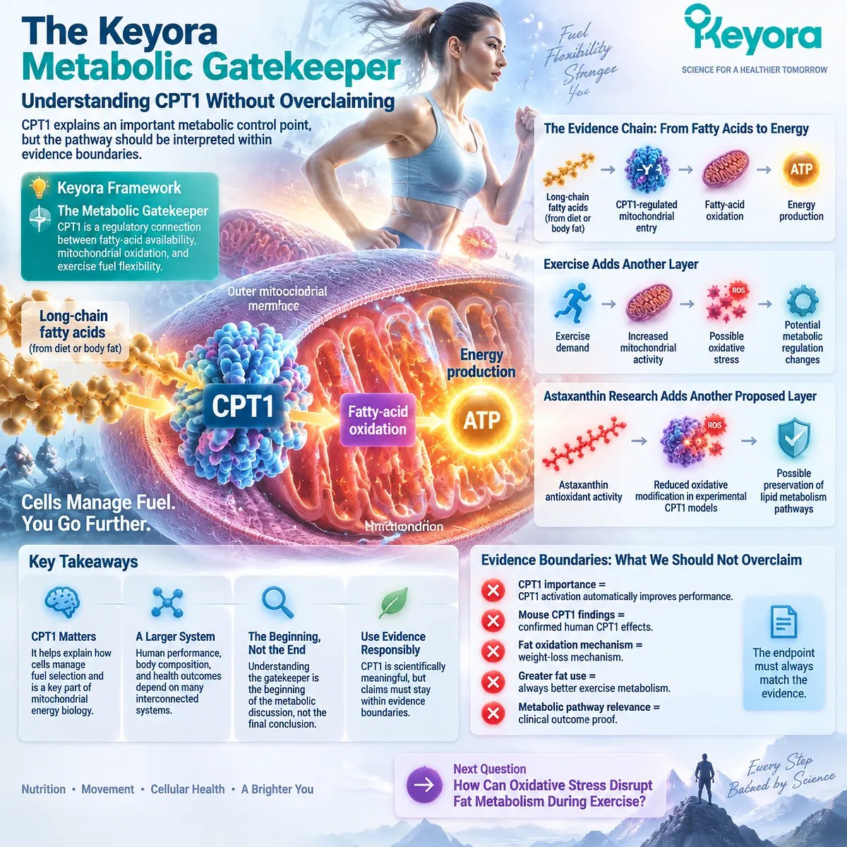 CPT1 connects fatty acid mitochondrial entry, oxidation, and exercise fuel flexibility while defining evidence boundaries through the Keyora Metabolic Gatekeeper framework. CPT1 connects fatty acid mitochondrial entry, oxidation, and exercise fuel flexibility while defining evidence boundaries through the Keyora Metabolic Gatekeeper framework.