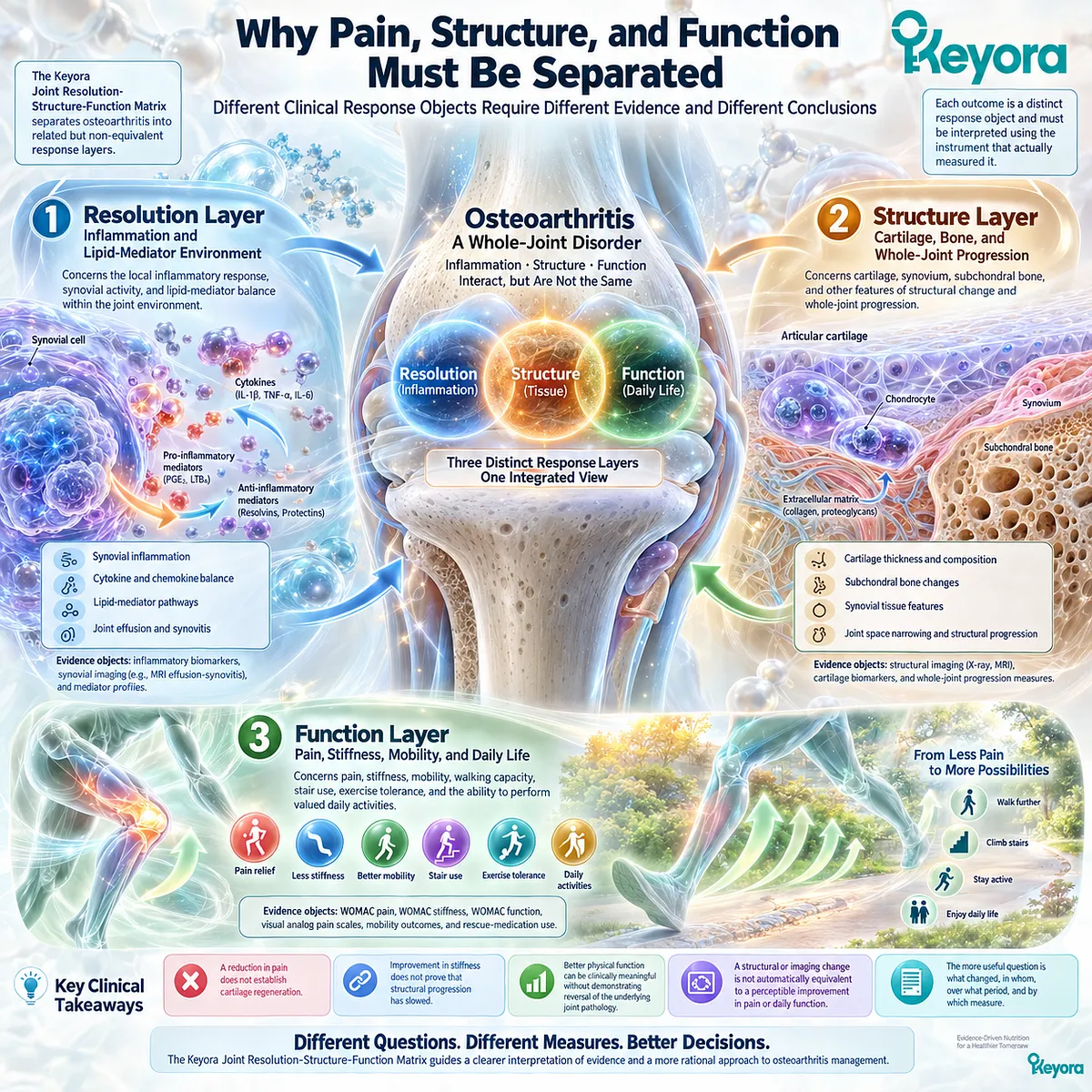 Osteoarthritis pain, inflammation, joint structure and mobility require separate outcome measures in the Keyora Joint Resolution-Structure-Function Matrix for joint support. Osteoarthritis pain, inflammation, joint structure and mobility require separate outcome measures in the Keyora Joint Resolution-Structure-Function Matrix for joint support.