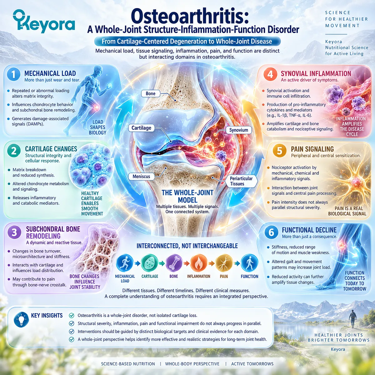 Osteoarthritis whole-joint biology links mechanical load, tissue signaling and inflammatory balance with pain and joint function in the Keyora whole-joint framework. Osteoarthritis whole-joint biology links mechanical load, tissue signaling and inflammatory balance with pain and joint function in the Keyora whole-joint framework.
