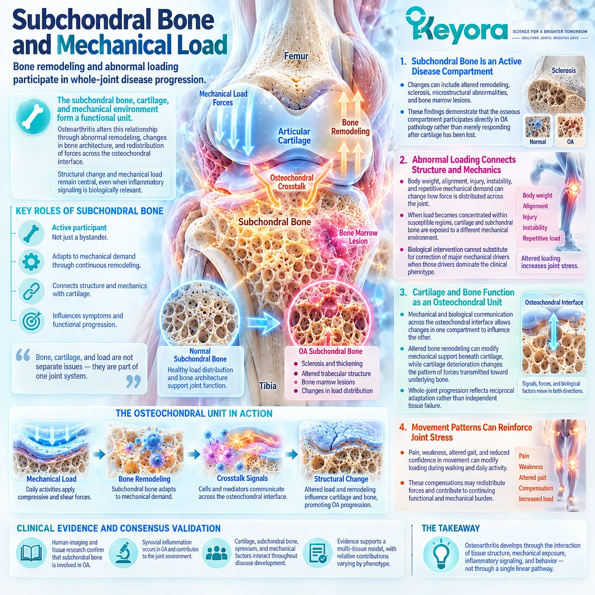 Osteoarthritis subchondral bone remodeling and abnormal mechanical load alter osteochondral stress and joint function within the Keyora whole-joint framework. Osteoarthritis subchondral bone remodeling and abnormal mechanical load alter osteochondral stress and joint function within the Keyora whole-joint framework.