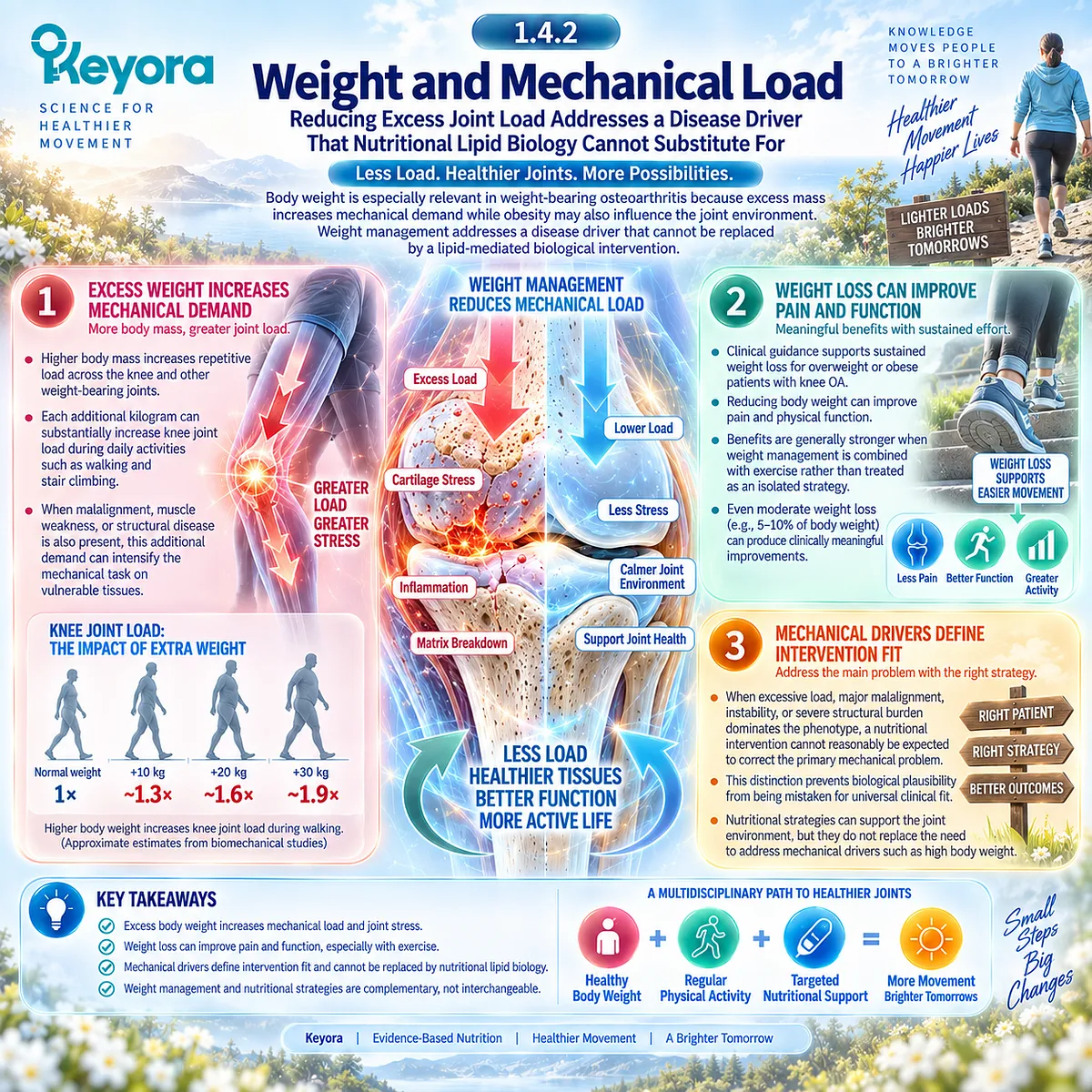 Osteoarthritis weight management reduces excess mechanical load and supports pain and physical function, defining nutritional limits in the Keyora whole-joint framework. Osteoarthritis weight management reduces excess mechanical load and supports pain and physical function, defining nutritional limits in the Keyora whole-joint framework.