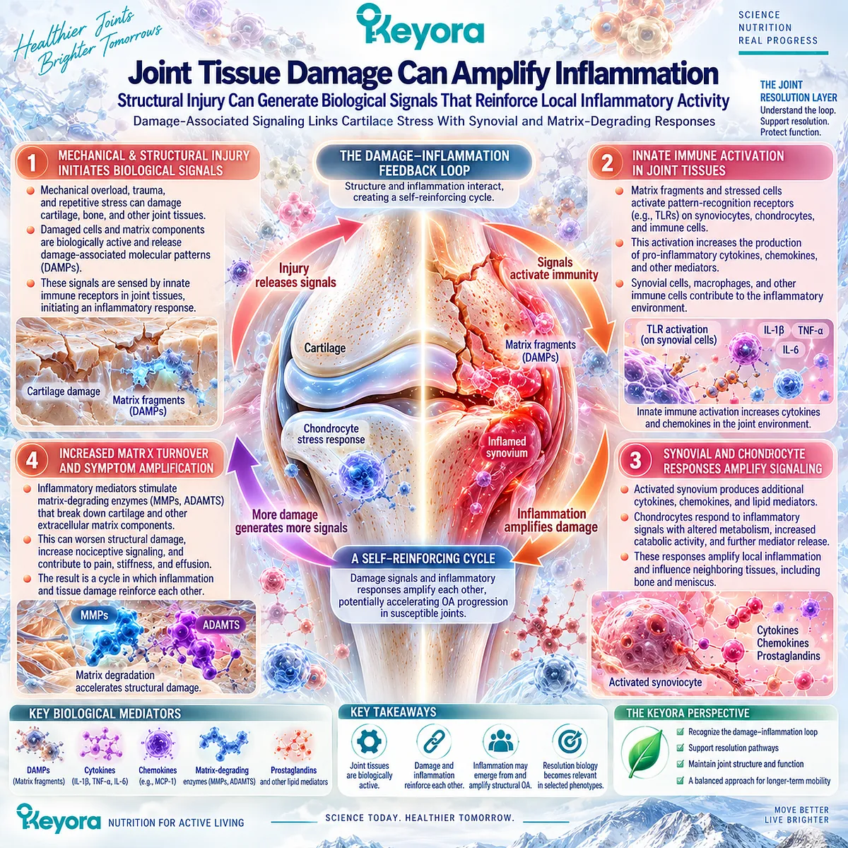 Osteoarthritis joint damage releases damage-associated signals that amplify synovial inflammation and matrix breakdown, mapping the feedback loop in the Keyora Resolution Layer. Osteoarthritis joint damage releases damage-associated signals that amplify synovial inflammation and matrix breakdown, mapping the feedback loop in the Keyora Resolution Layer.