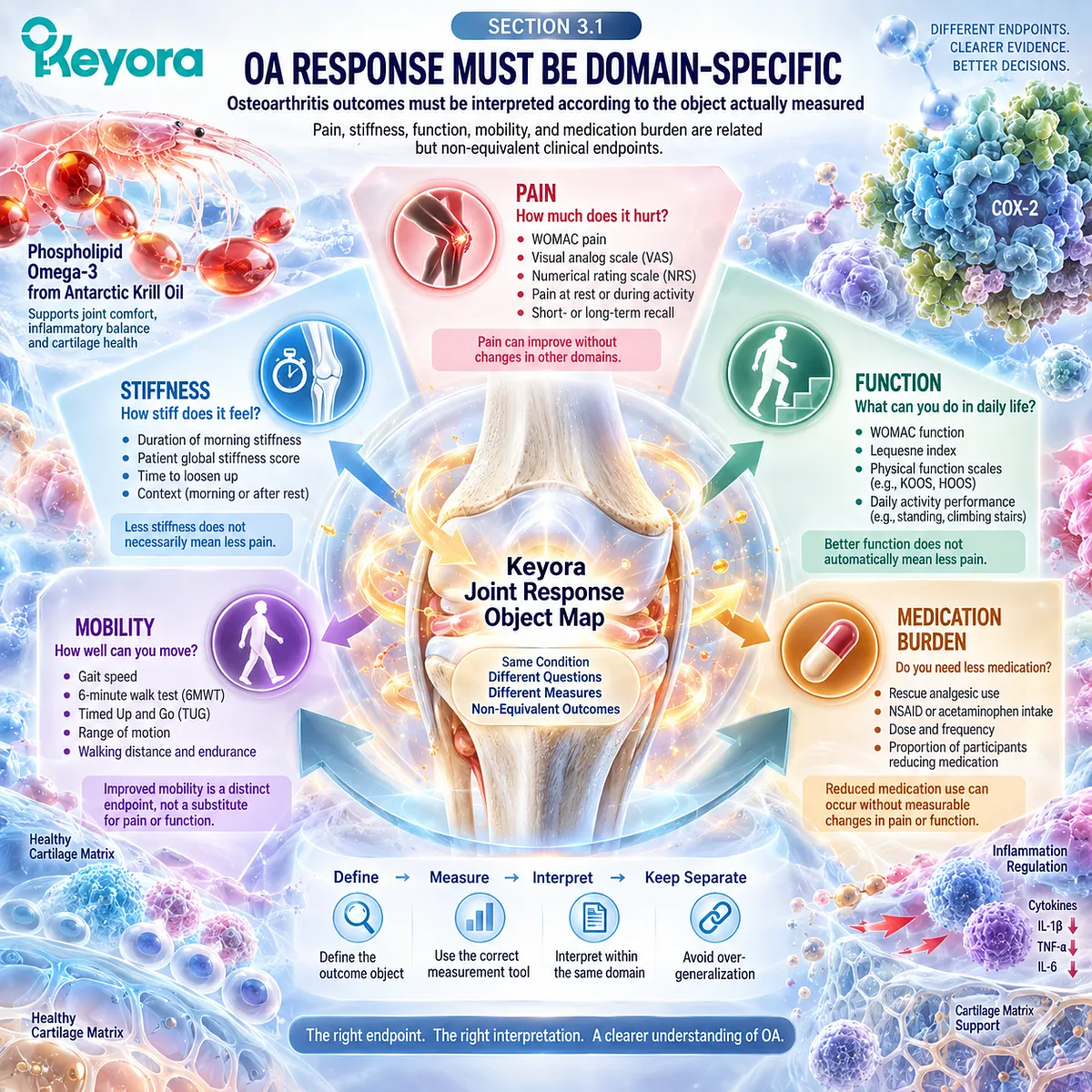 Osteoarthritis pain, stiffness, mobility and physical function require domain-specific assessment, mapped by Keyora The Joint Response Object Map for Krill-Oil evidence. Osteoarthritis pain, stiffness, mobility and physical function require domain-specific assessment, mapped by Keyora The Joint Response Object Map for Krill-Oil evidence.