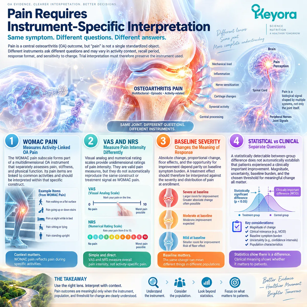 Osteoarthritis pain assessment differs across WOMAC, VAS and NRS, requiring instrument-specific interpretation within Keyora The Joint Response Object Map. Osteoarthritis pain assessment differs across WOMAC, VAS and NRS, requiring instrument-specific interpretation within Keyora The Joint Response Object Map.