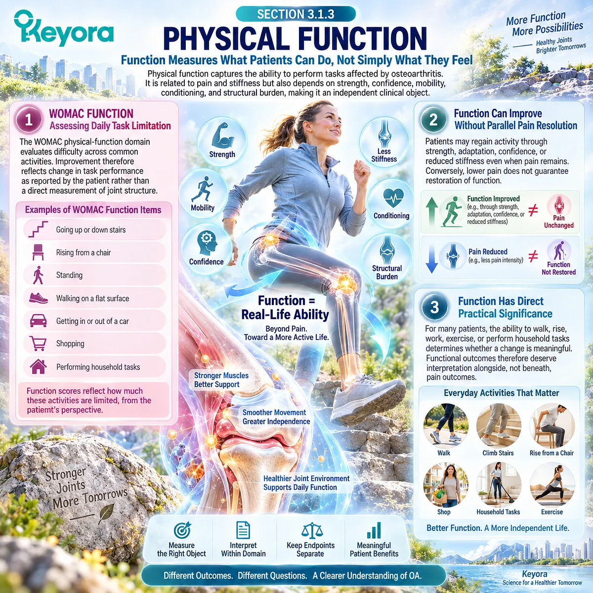 Osteoarthritis physical function measures daily task ability beyond pain and stiffness, framed as an independent endpoint by Keyora The Joint Response Object Map. Osteoarthritis physical function measures daily task ability beyond pain and stiffness, framed as an independent endpoint by Keyora The Joint Response Object Map.