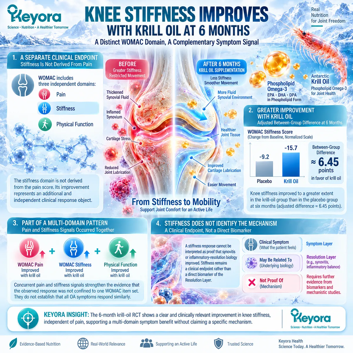 Knee osteoarthritis WOMAC stiffness showed a distinct six-month Krill-Oil signal, supporting multi-domain symptom response in Keyora The Joint Response Object Map. Knee osteoarthritis WOMAC stiffness showed a distinct six-month Krill-Oil signal, supporting multi-domain symptom response in Keyora The Joint Response Object Map.