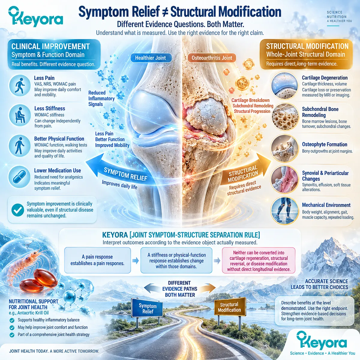 Osteoarthritis joint comfort can improve without structural modification; cartilage and mechanical-load evidence define the Keyora Joint Symptom-Structure Separation Rule. Osteoarthritis joint comfort can improve without structural modification; cartilage and mechanical-load evidence define the Keyora Joint Symptom-Structure Separation Rule.
