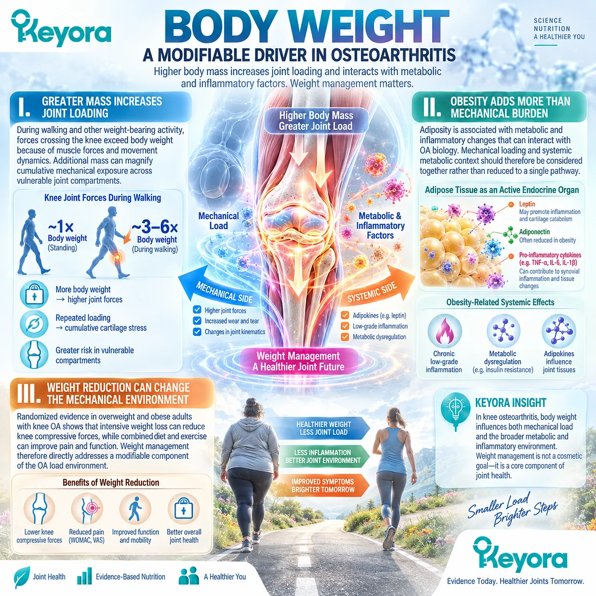 Knee osteoarthritis body weight affects joint loading, adiposity-related inflammation and compressive forces, mapped by the Keyora Joint Symptom-Structure Separation Rule. Knee osteoarthritis body weight affects joint loading, adiposity-related inflammation and compressive forces, mapped by the Keyora Joint Symptom-Structure Separation Rule.
