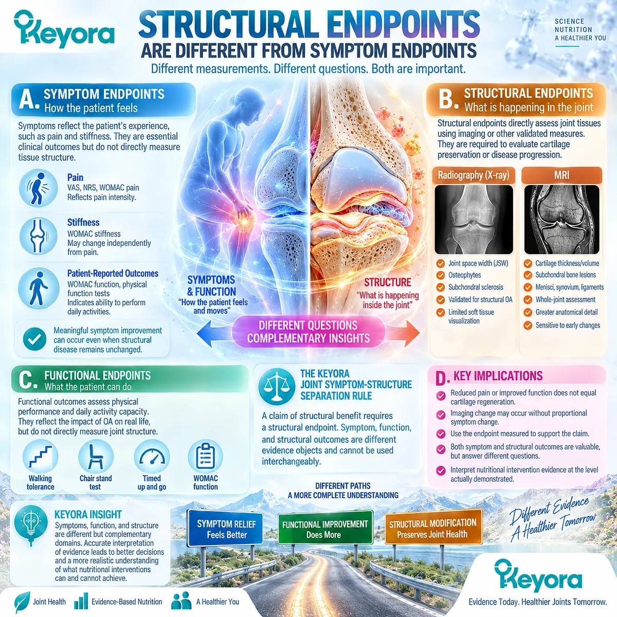 Osteoarthritis structural endpoints use radiography and MRI to assess joint tissues, while symptoms and function remain separate in the Keyora Joint Symptom-Structure Separation Rule. Osteoarthritis structural endpoints use radiography and MRI to assess joint tissues, while symptoms and function remain separate in the Keyora Joint Symptom-Structure Separation Rule.