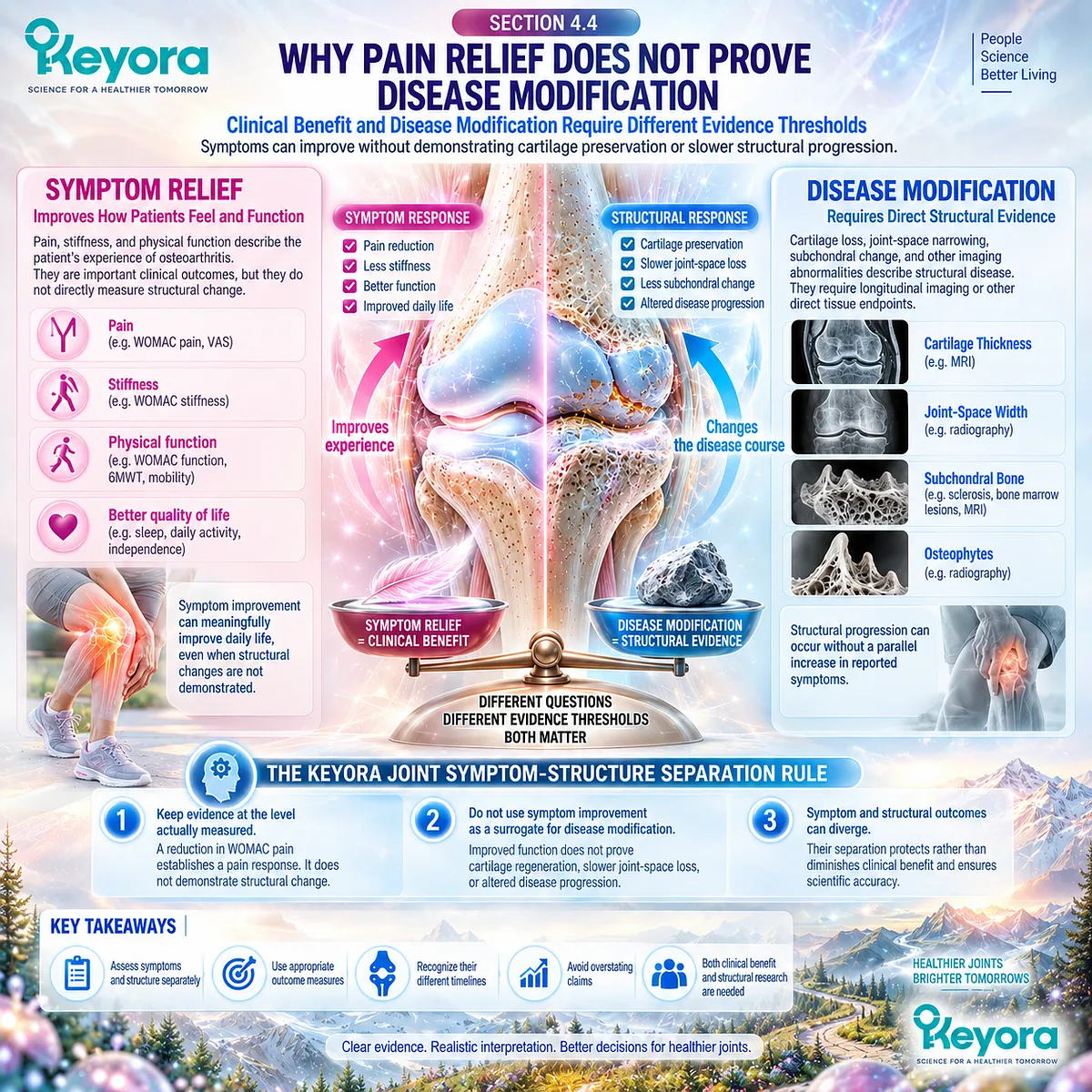 Osteoarthritis pain relief can support joint comfort without proving cartilage preservation or slower progression under the Keyora Joint Symptom-Structure Separation Rule. Osteoarthritis pain relief can support joint comfort without proving cartilage preservation or slower progression under the Keyora Joint Symptom-Structure Separation Rule.
