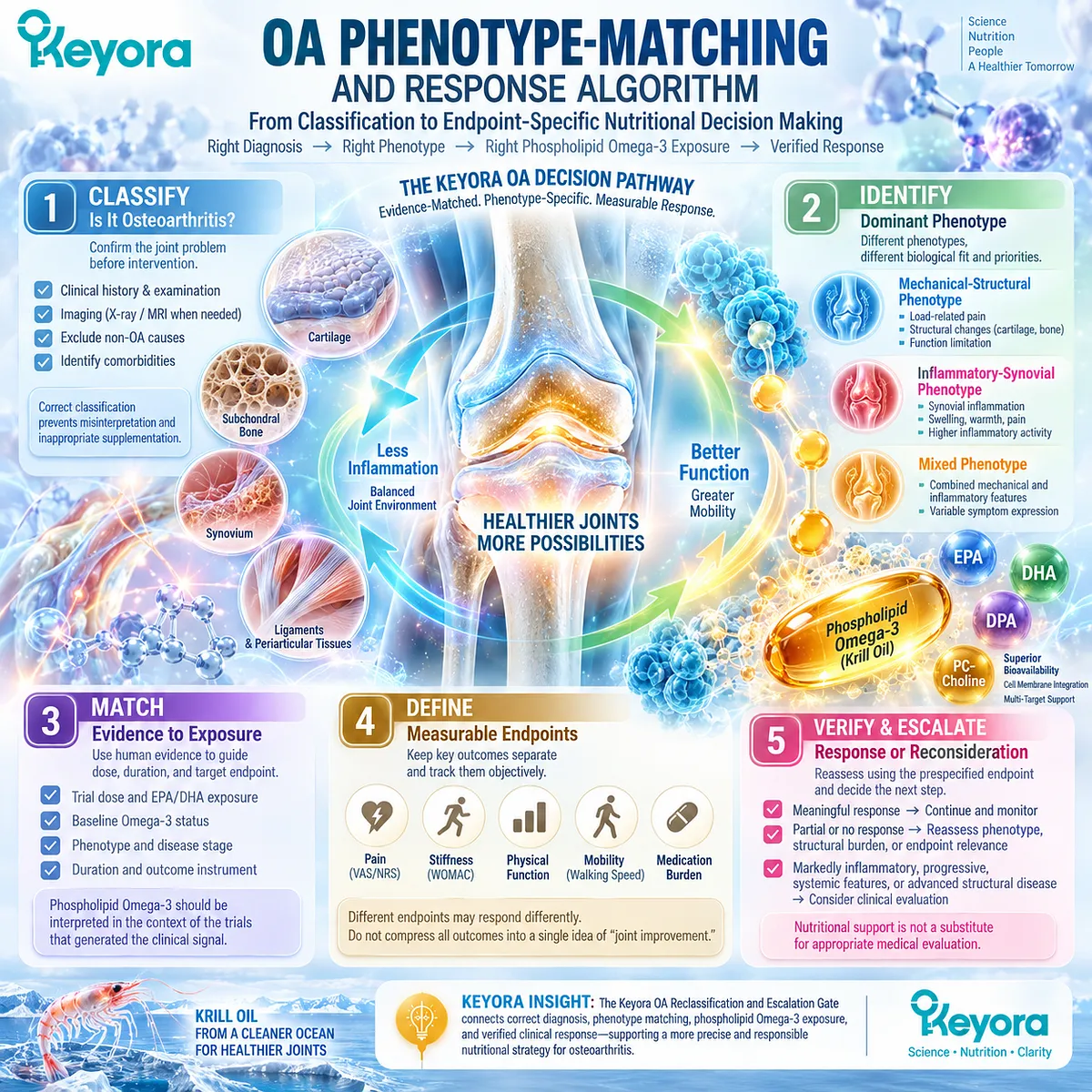 Osteoarthritis joint support links phenotype matching and Phospholipid Omega-3 exposure to endpoint-specific response through Keyora OA Reclassification and Escalation Gate. Osteoarthritis joint support links phenotype matching and Phospholipid Omega-3 exposure to endpoint-specific response through Keyora OA Reclassification and Escalation Gate.