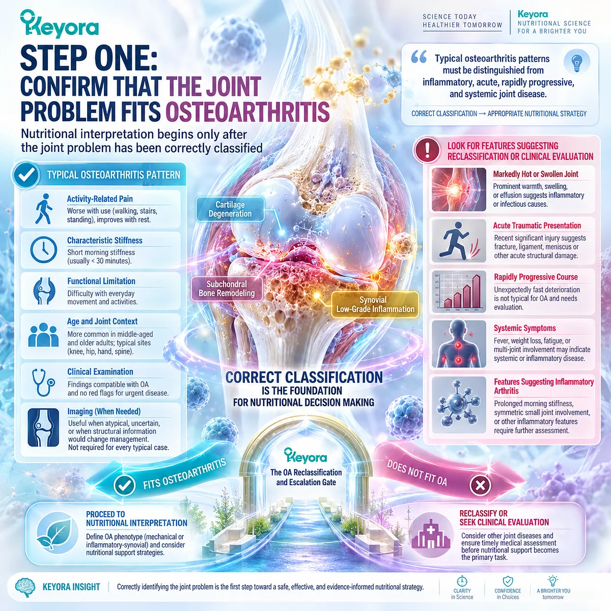 Osteoarthritis joint pain assessment separates typical OA patterns from inflammatory or acute disease before nutrition support in Keyora OA Reclassification and Escalation Gate. Osteoarthritis joint pain assessment separates typical OA patterns from inflammatory or acute disease before nutrition support in Keyora OA Reclassification and Escalation Gate.