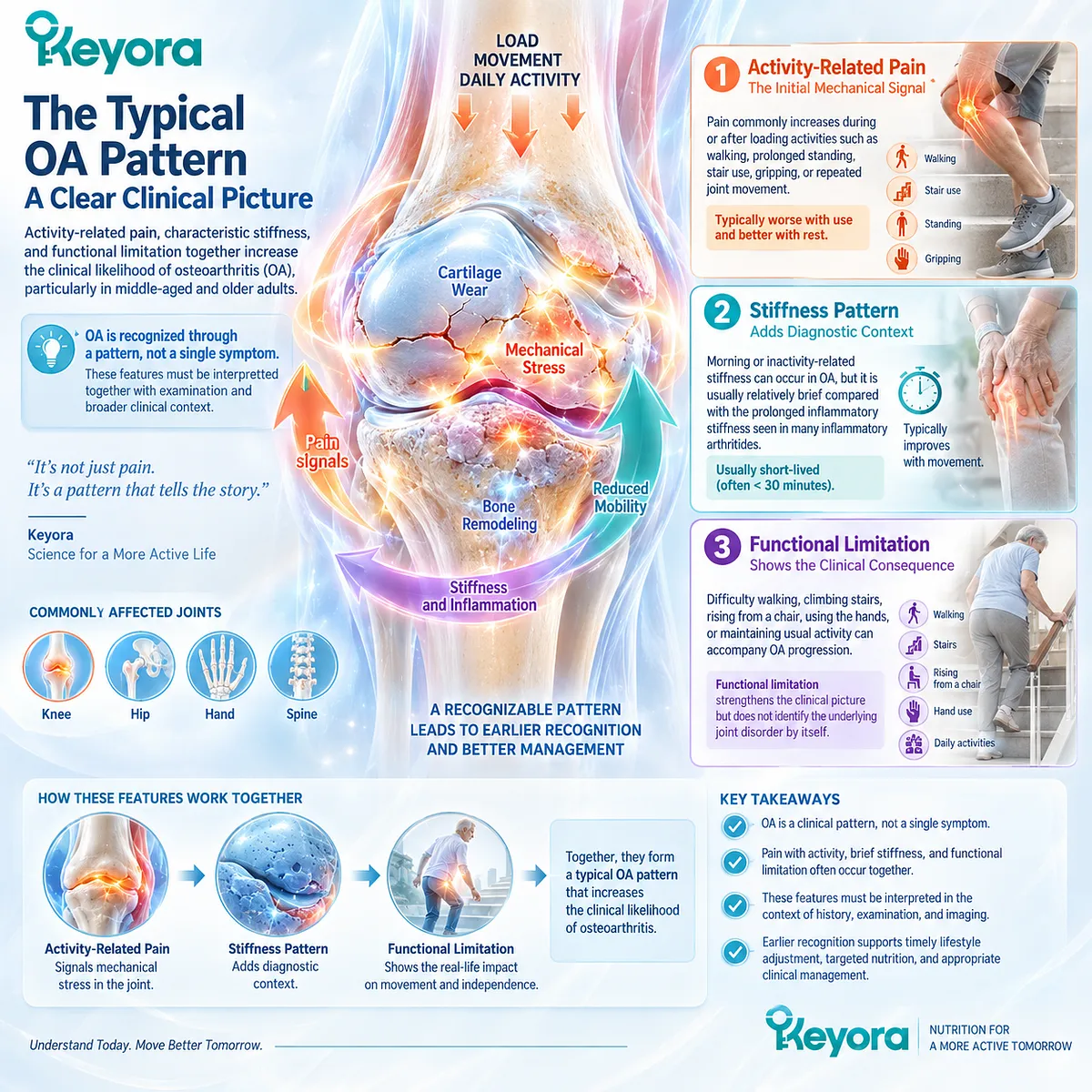 Osteoarthritis assessment links activity-related joint pain, brief stiffness, and functional limitation to a typical OA pattern within Keyora OA Reclassification and Escalation Gate. Osteoarthritis assessment links activity-related joint pain, brief stiffness, and functional limitation to a typical OA pattern within Keyora OA Reclassification and Escalation Gate.