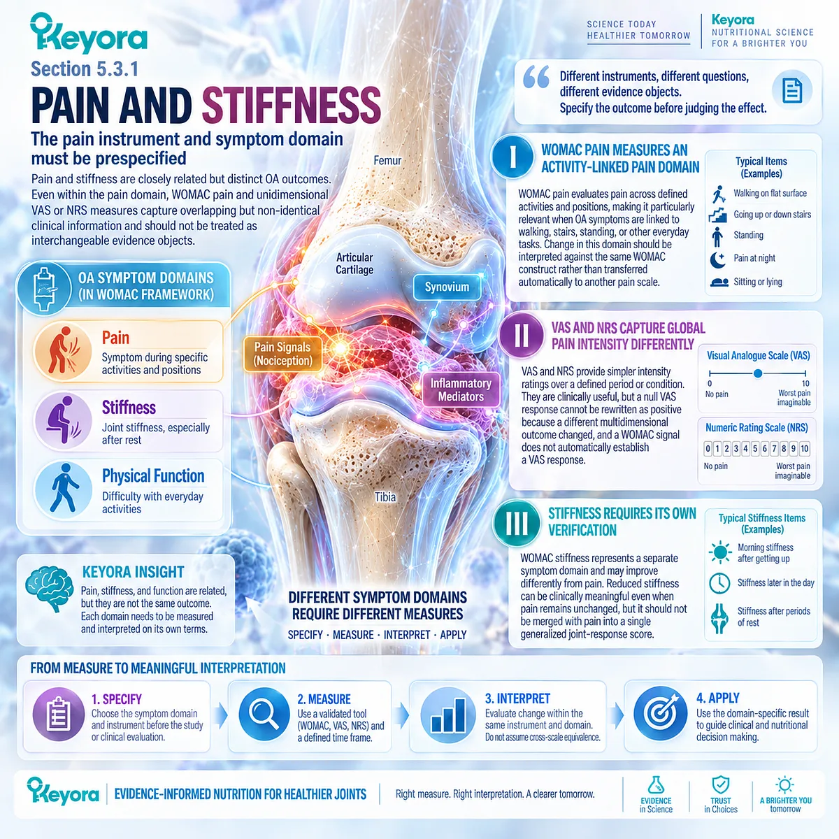 Osteoarthritis pain and stiffness tracking distinguishes WOMAC pain, VAS, NRS, and stiffness domains for endpoint-specific verification in Keyora Joint Response Object Map. Osteoarthritis pain and stiffness tracking distinguishes WOMAC pain, VAS, NRS, and stiffness domains for endpoint-specific verification in Keyora Joint Response Object Map.