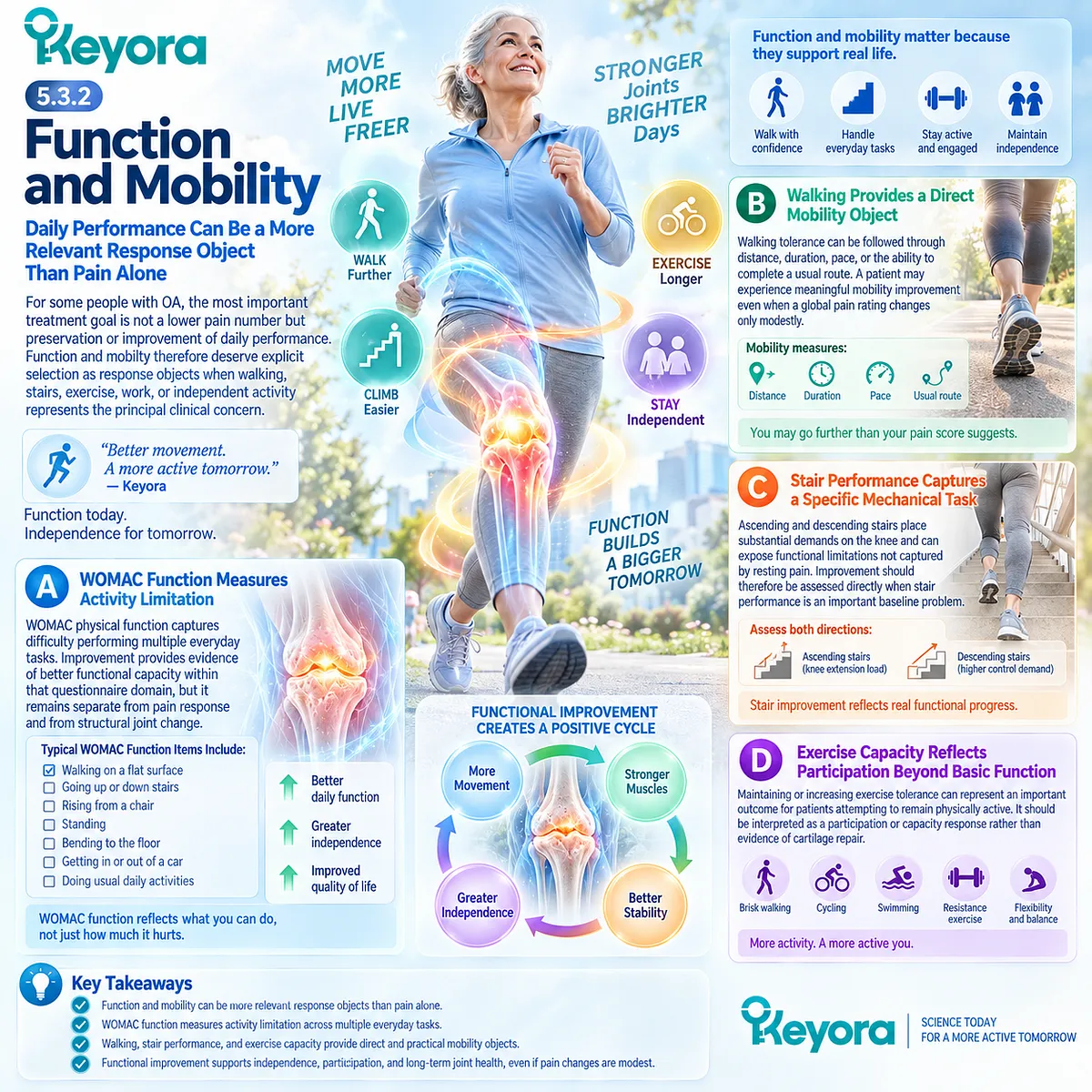 Osteoarthritis function and mobility tracking uses WOMAC function, walking, stairs, and exercise capacity as distinct endpoints in Keyora Joint Response Object Map. Osteoarthritis function and mobility tracking uses WOMAC function, walking, stairs, and exercise capacity as distinct endpoints in Keyora Joint Response Object Map.