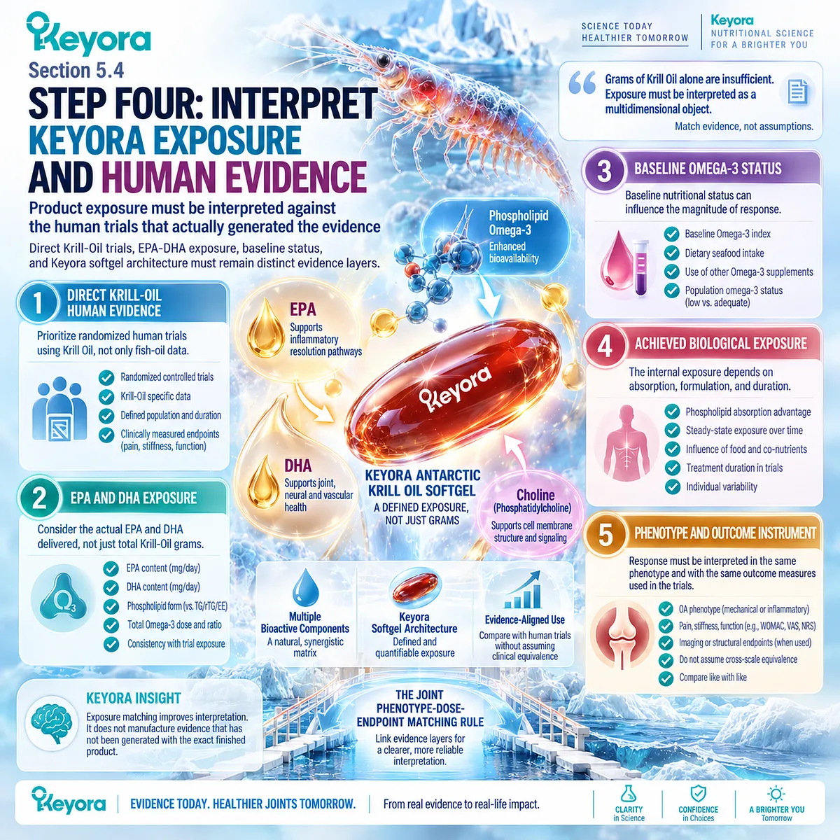 Krill Oil for osteoarthritis links EPA-DHA dose, Phospholipid Omega-3 exposure, baseline status, and trial endpoints in Keyora Joint Phenotype-Dose-Endpoint Matching Rule. Krill Oil for osteoarthritis links EPA-DHA dose, Phospholipid Omega-3 exposure, baseline status, and trial endpoints in Keyora Joint Phenotype-Dose-Endpoint Matching Rule.