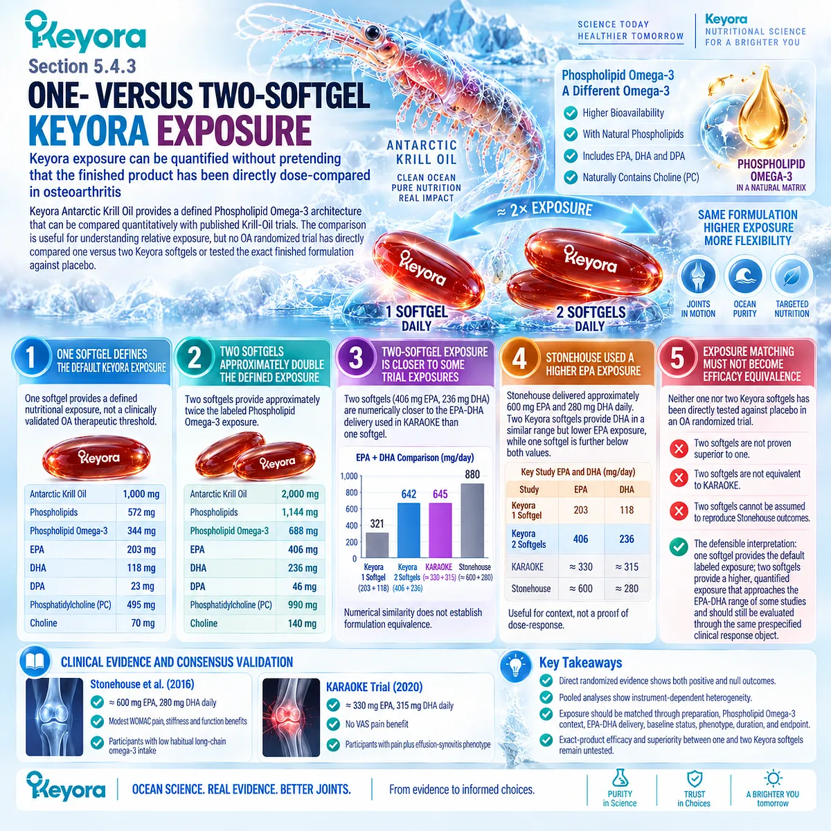 Krill Oil for osteoarthritis compares one versus two softgels by Phospholipid Omega-3, EPA-DHA and DPA exposure using Keyora phenotype-dose-endpoint matching. Krill Oil for osteoarthritis compares one versus two softgels by Phospholipid Omega-3, EPA-DHA and DPA exposure using Keyora phenotype-dose-endpoint matching.
