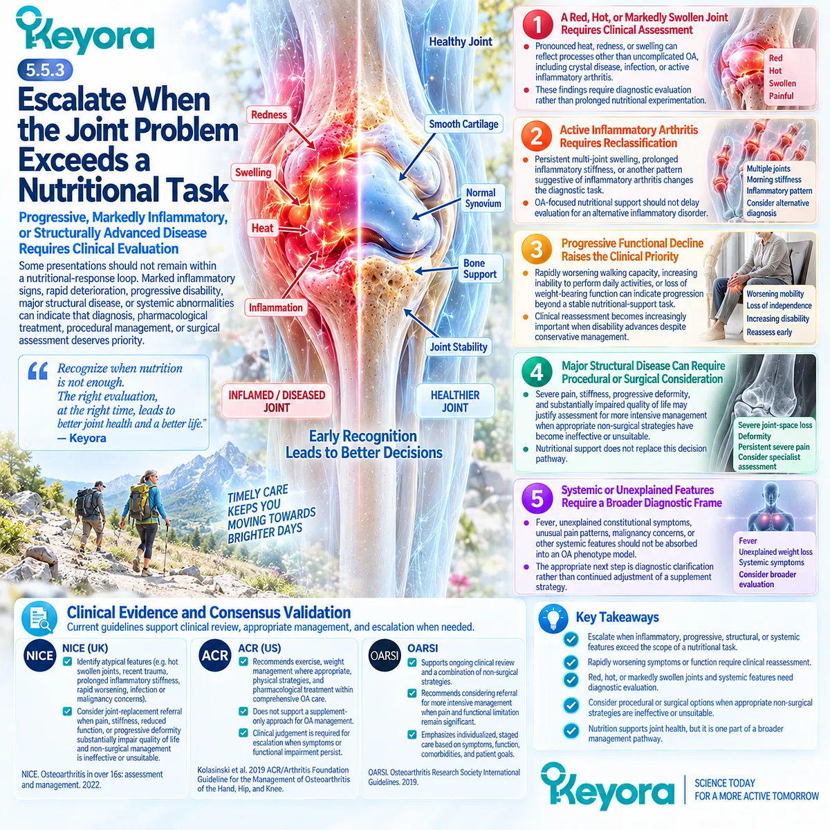Osteoarthritis escalation links hot swollen joints, inflammatory signs, progressive disability, and structural disease to clinical evaluation through Keyora OA Escalation Gate. Osteoarthritis escalation links hot swollen joints, inflammatory signs, progressive disability, and structural disease to clinical evaluation through Keyora OA Escalation Gate.