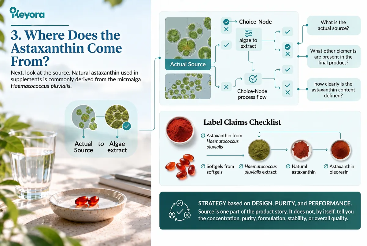KEYORA ingredient sourcing chart titled "3. Where Does the Astaxanthin Come From?", contrasting microscopic green microalgae cultures with red encysted cells and finished softgels. A decision tree guides consumers through checking the actual source, additional formula components, and clear content definitions, while a checklist reviews common label terms like natural astaxanthin, oleoresin, and algae extract. KEYORA ingredient sourcing chart titled "3. Where Does the Astaxanthin Come From?", contrasting microscopic green microalgae cultures with red encysted cells and finished softgels. A decision tree guides consumers through checking the actual source, additional formula components, and clear content definitions, while a checklist reviews common label terms like natural astaxanthin, oleoresin, and algae extract.