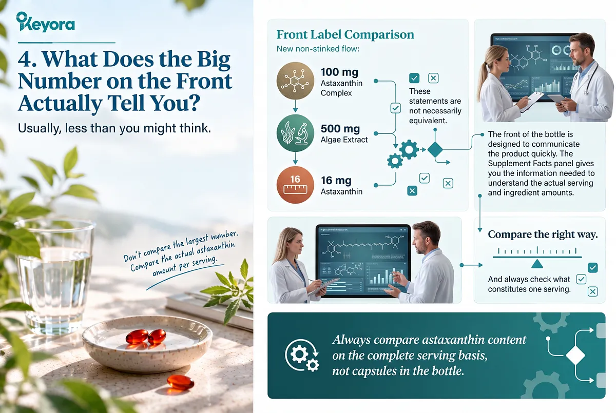 KEYORA label analysis graphic titled "4. What Does the Big Number on the Front Actually Tell You?", featuring clinical researchers analyzing molecular structures on a digital display. It compares marketing callouts—such as "100 mg Astaxanthin Complex" or "500 mg Algae Extract"—against actual active amounts like 16 mg astaxanthin, emphasizing that front numbers are often misleading. KEYORA label analysis graphic titled "4. What Does the Big Number on the Front Actually Tell You?", featuring clinical researchers analyzing molecular structures on a digital display. It compares marketing callouts—such as "100 mg Astaxanthin Complex" or "500 mg Algae Extract"—against actual active amounts like 16 mg astaxanthin, emphasizing that front numbers are often misleading.
