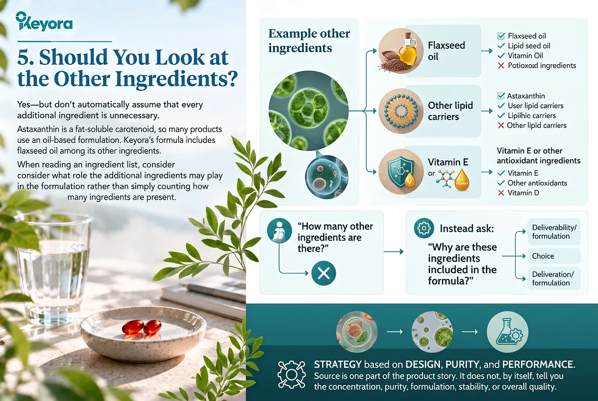 KEYORA formulation breakdown titled "5. Should You Look at the Other Ingredients? Yes", set against a serene coastal breakfast scene with red softgels. It explains the functional role of carrier ingredients, highlighting organic flaxseed oil, lipid micelle carriers, and vitamin E antioxidants that help solubilize, protect, and deliver fat-soluble astaxanthin. KEYORA formulation breakdown titled "5. Should You Look at the Other Ingredients? Yes", set against a serene coastal breakfast scene with red softgels. It explains the functional role of carrier ingredients, highlighting organic flaxseed oil, lipid micelle carriers, and vitamin E antioxidants that help solubilize, protect, and deliver fat-soluble astaxanthin.