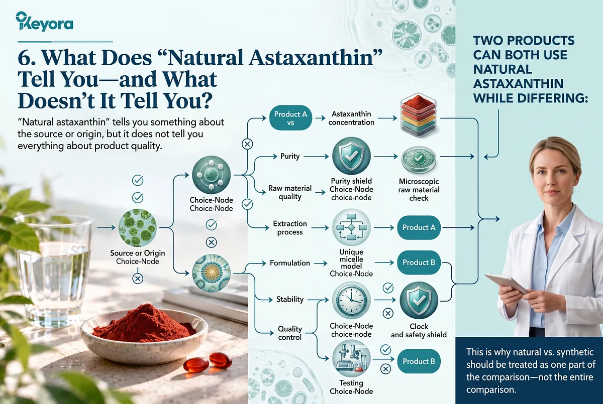 KEYORA evaluation roadmap titled "6. What Does 'Natural Astaxanthin' Tell You—and What Doesn't It Tell You?", showing a healthcare researcher holding a tablet beside algae cultures and softgels. A branched flow shows that two products using natural astaxanthin can still differ drastically across extraction method, concentration, micelle formulation, stability protection, and quality testing. KEYORA evaluation roadmap titled "6. What Does 'Natural Astaxanthin' Tell You—and What Doesn't It Tell You?", showing a healthcare researcher holding a tablet beside algae cultures and softgels. A branched flow shows that two products using natural astaxanthin can still differ drastically across extraction method, concentration, micelle formulation, stability protection, and quality testing.