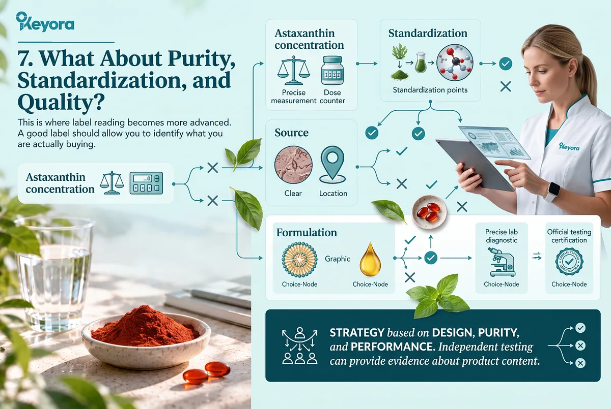 KEYORA advanced testing infographic titled "7. What About Purity, Standardization, and Quality?", depicting a laboratory professional reviewing testing data on a tablet. The graphic maps out precise concentration measurement, botanical standardization, transparent microalgae origin, lipid formulation, and official third-party analytical certifications. KEYORA advanced testing infographic titled "7. What About Purity, Standardization, and Quality?", depicting a laboratory professional reviewing testing data on a tablet. The graphic maps out precise concentration measurement, botanical standardization, transparent microalgae origin, lipid formulation, and official third-party analytical certifications.